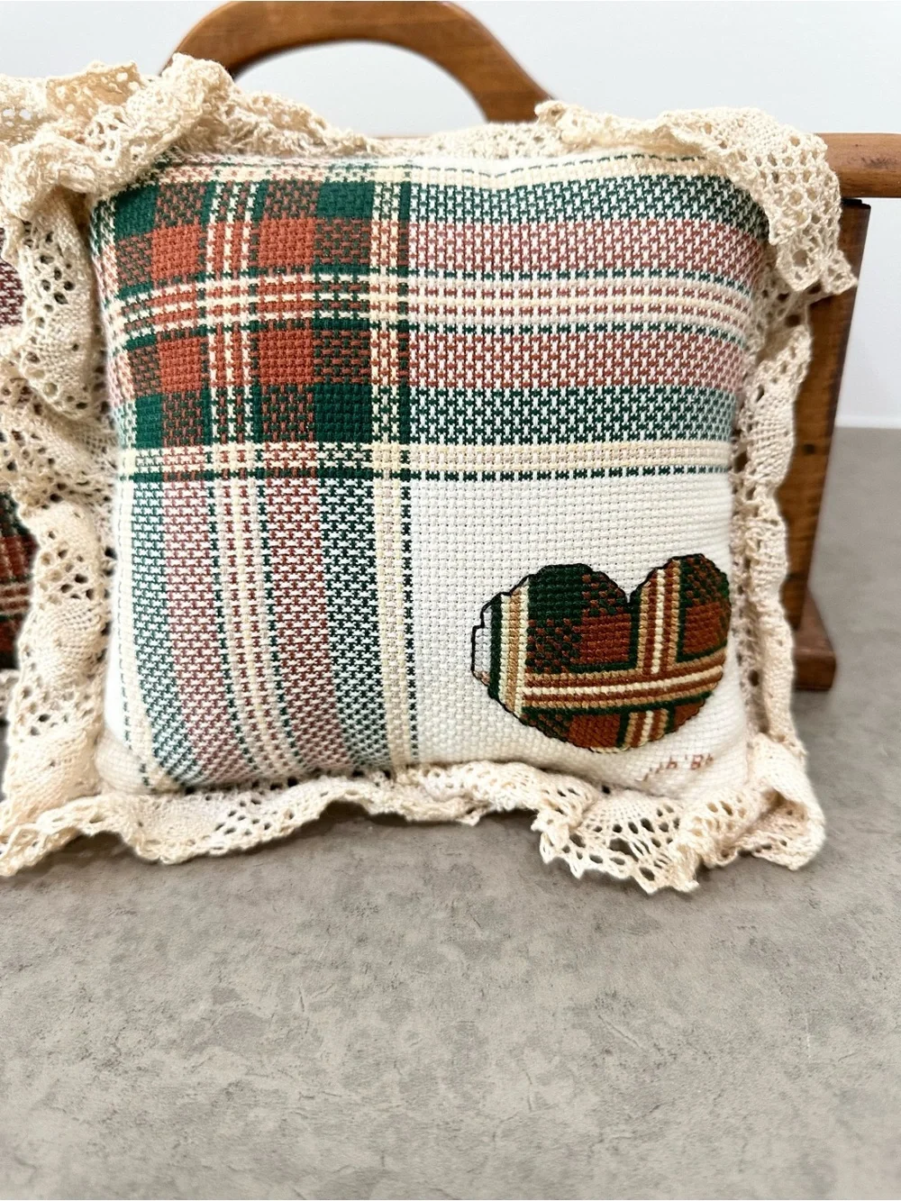 Vintage Handmade Plaid Decorative Cross Stitched Pillows Lace Trim Teddy Heart